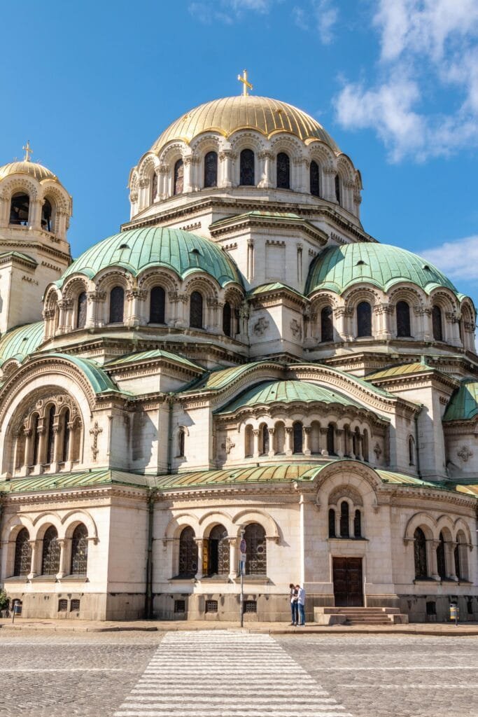 Bright day view of the Alexander Nevsky Cathedral showcasing its striking architecture in Sofia, Bulgaria.